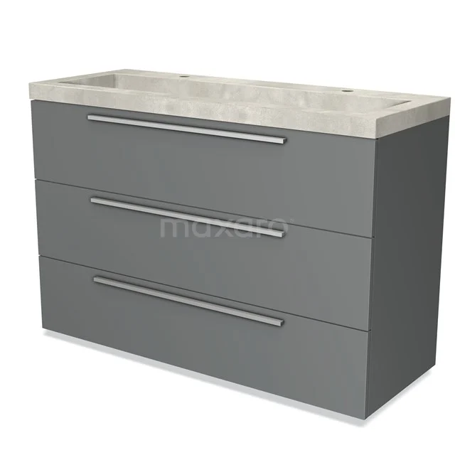 Grey bathroom furniture set with three drawers and a marble basin, ideal for modern bathroom design.