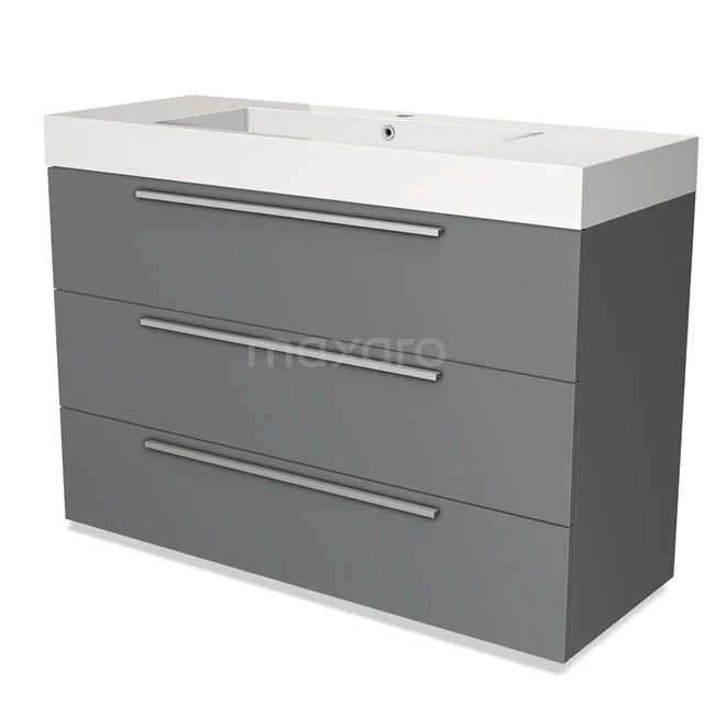 Grey bathroom furniture set with three drawers, chrome handles and a white ceramic basin worktop, modern and sleek design.