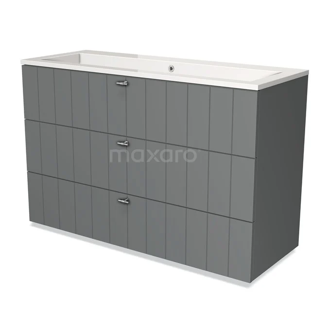 Grey Bathroom unit with basin, three drawers, vertical ribbed structure, modern design, ideal for stylish bathrooms.