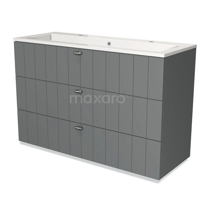 Grey bathroom furniture set with three drawer cabinets, integrated basin and vertical grooves, modern design.