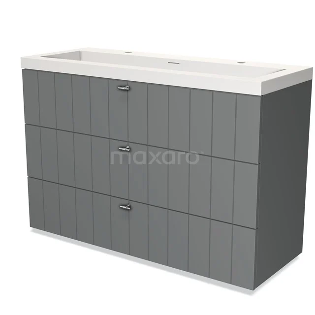 Grey vanity set with wide white basin, three ribbed-pattern drawers and sleek handles, ideal for modern bathrooms.