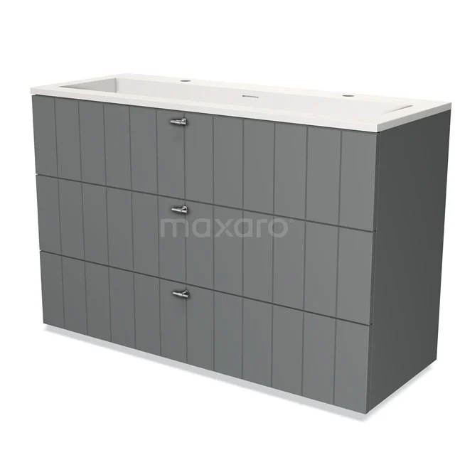 Grey bathroom cabinet with 3 drawers, white basin worktop, vertical panels and modern finish, ideal for bathroom storage.