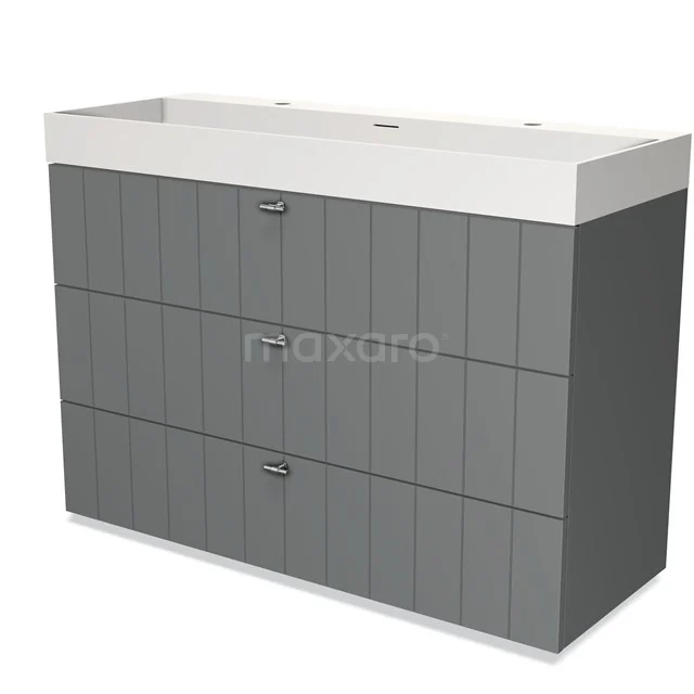 Grey bathroom unit with white sink, three handleless drawers, modern wooden finish, perfect for stylish bathroom design.