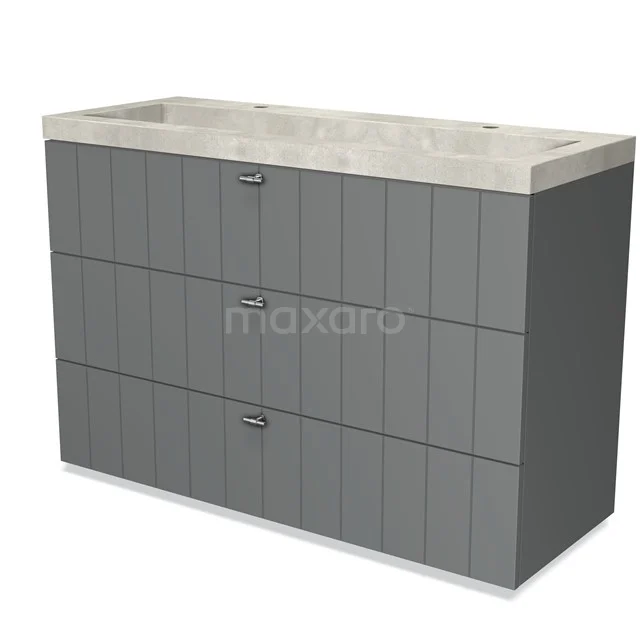 Grey bathroom unit with three drawers, featuring vertical lines and a white marble basin worktop.