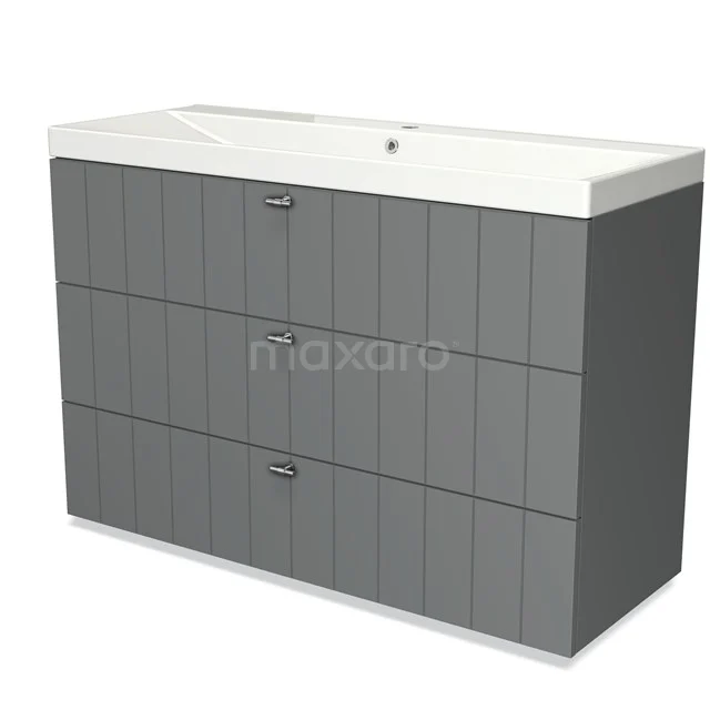 Grey vanity set with vertical lines, 3 drawers and a sleek glossy white basin, ideal for modern bathrooms.
