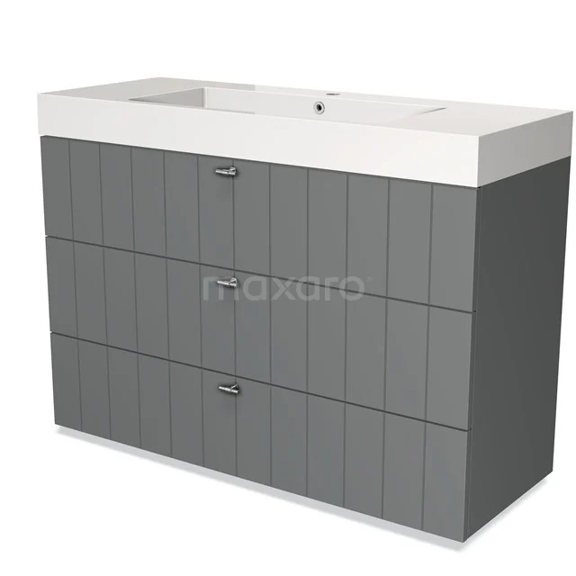 Grey vanity set with three drawers, matte finish and white basin, ideal for a modern bathroom design.
