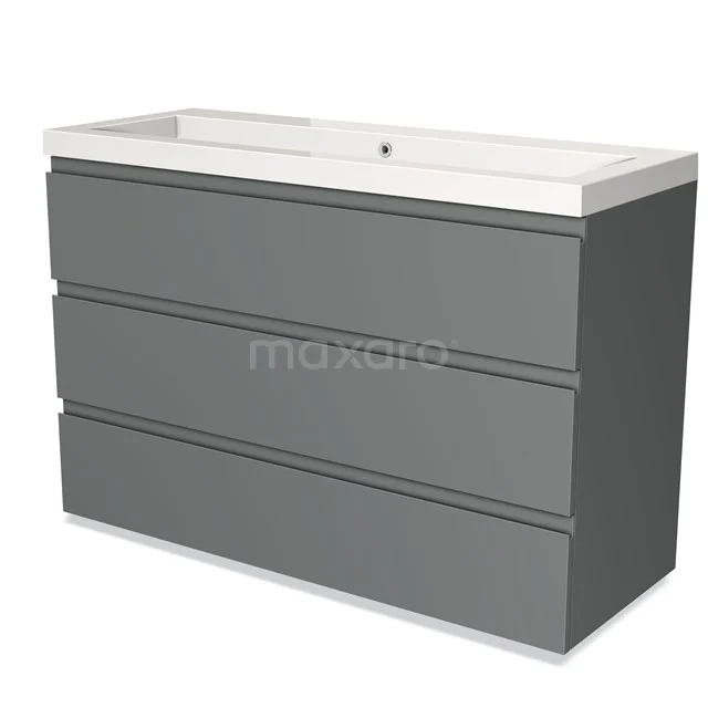 Grey bathroom furniture set with three drawers, modern finish, including white ceramic basin.