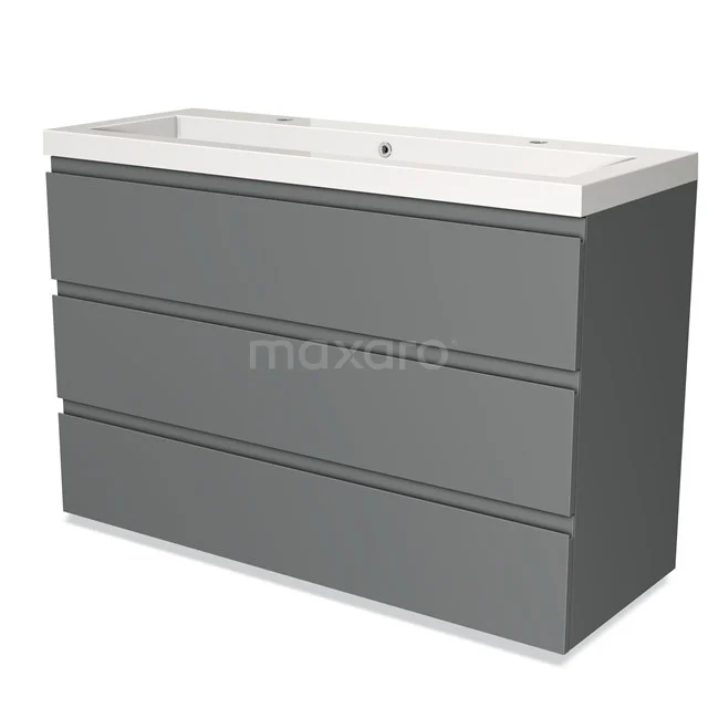 Grey bathroom furniture set with ceramic basin, modern sleek drawers and A matte finish, ideal for stylish storage.