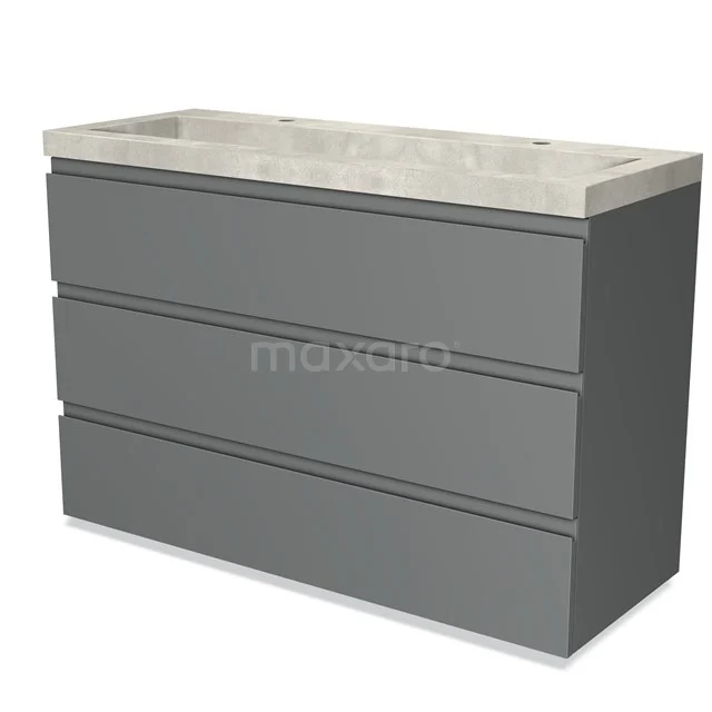 Modulo Bathroom furniture with sink | 120 cm Mid grey Handle-less front Concrete 3 drawers BMW19-01676 Grey bathroom cabinet with three drawers and a marble basin worktop, modern design for stylish bathroom storage.