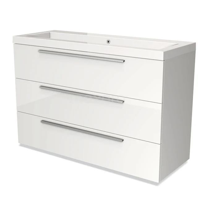 White bathroom unit with three drawers, modern design and integrated basin, ideal for stylish bathroom storage.