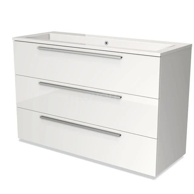 White Bathroom unit with basin, sleek design, three drawers with metal handles, ideal for a modern bathroom.