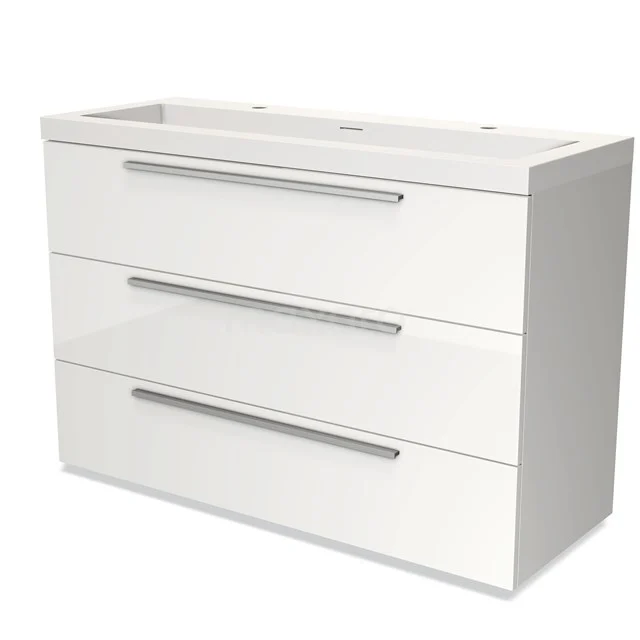 White bathroom cabinet with three drawers, sleek design, metal handles, suitable for modern bathroom design.