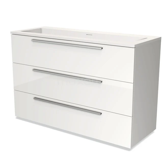 High-gloss white bathroom unit with three wide drawers, modern design and metal handles, ideal for bathroom storage.