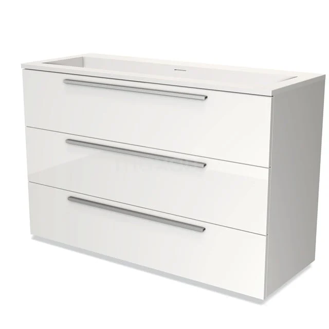 Modulo Vanity units with basin | 120 cm High-gloss white Flat front Solid surface 3 drawers BMW19-01684 High-gloss white bathroom unit with three wide drawers, modern design and metal handles, ideal for bathroom storage.