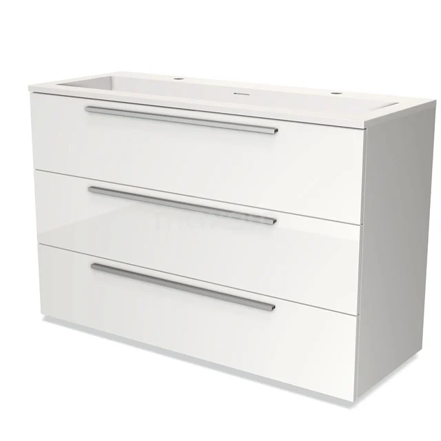 Modulo Vanity units with basin | 120 cm High-gloss white Flat front Solid surface 3 drawers BMW19-01685 White modern bathroom unit with three drawers, sleek metal handles and glossy finish, ideal for bathroom space.