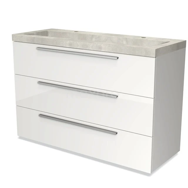 Weißer Badschrank mit drei Schubladen und einer marmorierten Waschtischplatte, schlankes Design und hochwertige Verarbeitung.