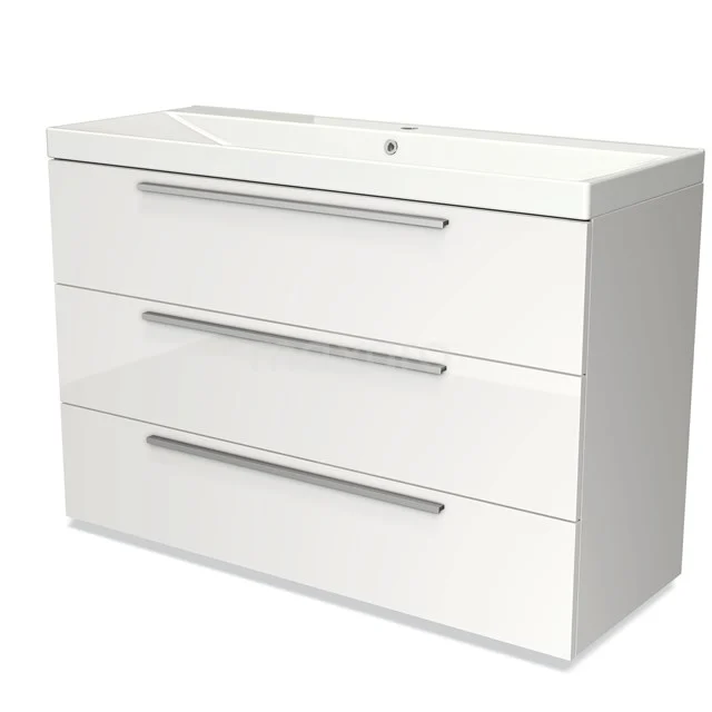 Badmöbel 120cm Modulo Hochglanz Weiß 3 Schubladen Flaches Waschbecken aus Keramik BMW19-01690 Weißer Badschrank mit Waschbecken, drei Schubladen und schlichten Aluminium-Haltegriffen; modernes Design für Stauraum im Badezimmer.