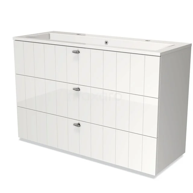 White wooden Bathroom unit with three drawers, vertical panels and chrome handles, perfect for storage space in the bathroom.