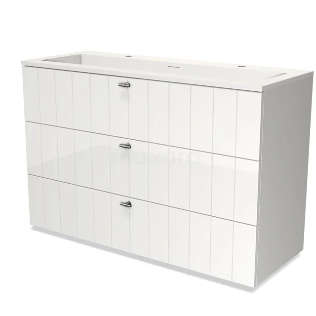 White vanity unit with glossy panels and three drawers, ideal for extra storage space in the bathroom.