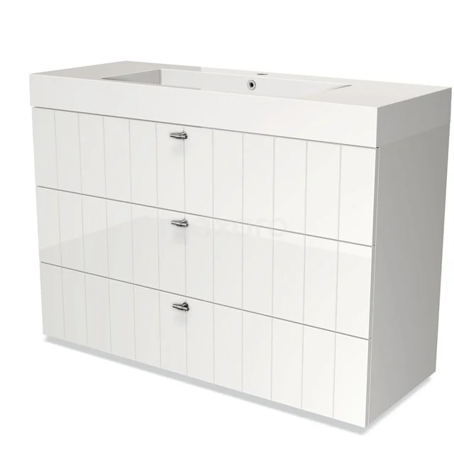 White bathroom cabinet with three drawers, modern lacquered MDF, integrated basin and minimalist design.