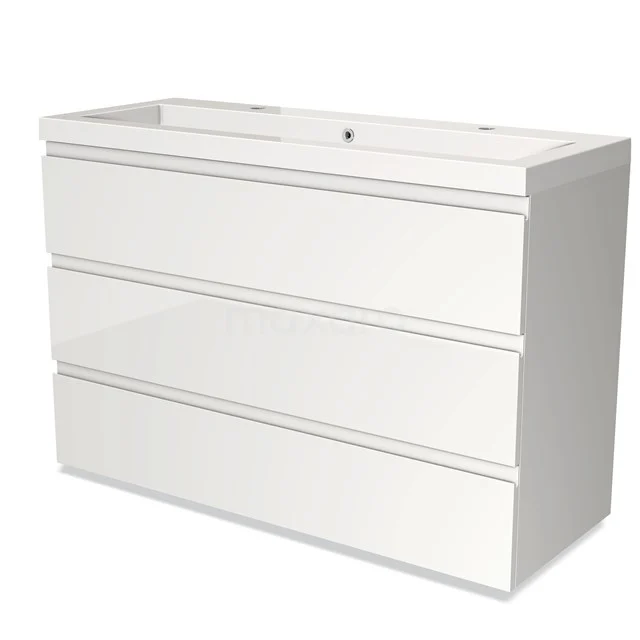 Modulo Vanity units with basin | 120 cm High-gloss white Handle-less front Mineral marble 3 drawers BMW19-01706 White wooden Bathroom unit with three drawers, clean and modern design, ideal for storage in a stylish bathroom.