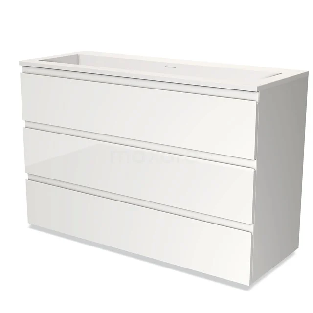 White bathroom unit with 3 handleless drawers, sleek design, high-gloss finish, perfect for a modern bathroom style.