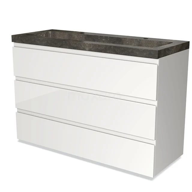 White bathroom unit with dark marble basin worktop, sleek design and three wide drawers, ideal for modern bathrooms.