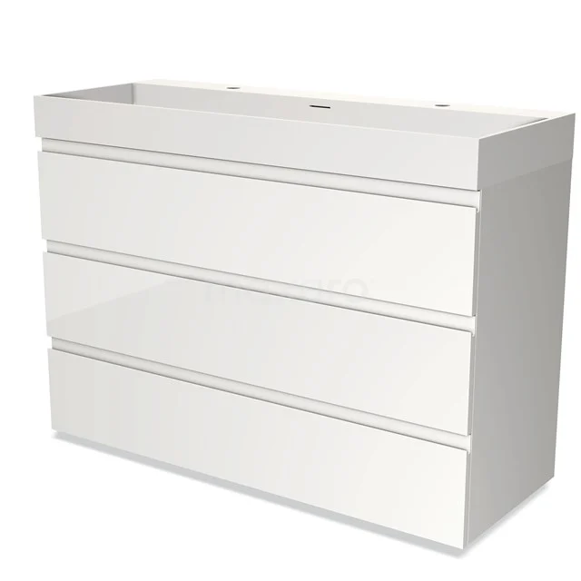 White, modern bathroom unit with 3 drawers, glossy finish, suitable for underneath a basin, series Minimal Design.