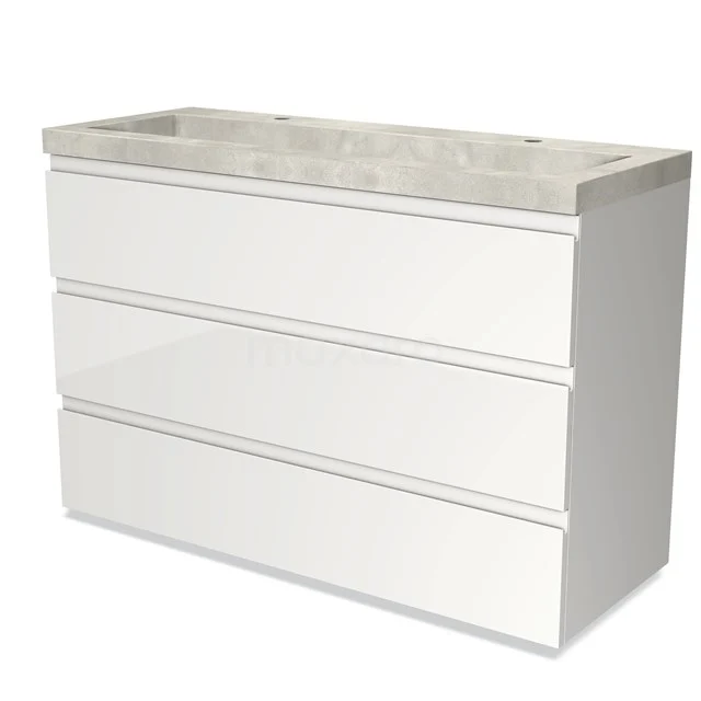 White bathroom furniture set with 3 drawers, sleek design and a light grey marble basin worktop, ideal for modern bathrooms.