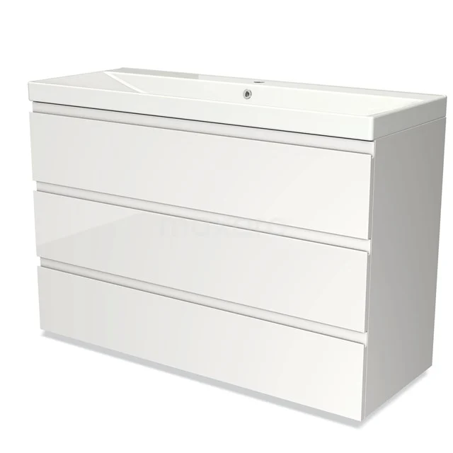 Badmöbel 120cm Modulo Hochglanz Weiß 3 Schubladen Waschbecken ohne Griffe Keramik BMW19-01716 Weißes Badezimmermöbel mit drei Schubladen und integriertem Waschbecken, schlankes Design aus der modernen Flow-Serie.