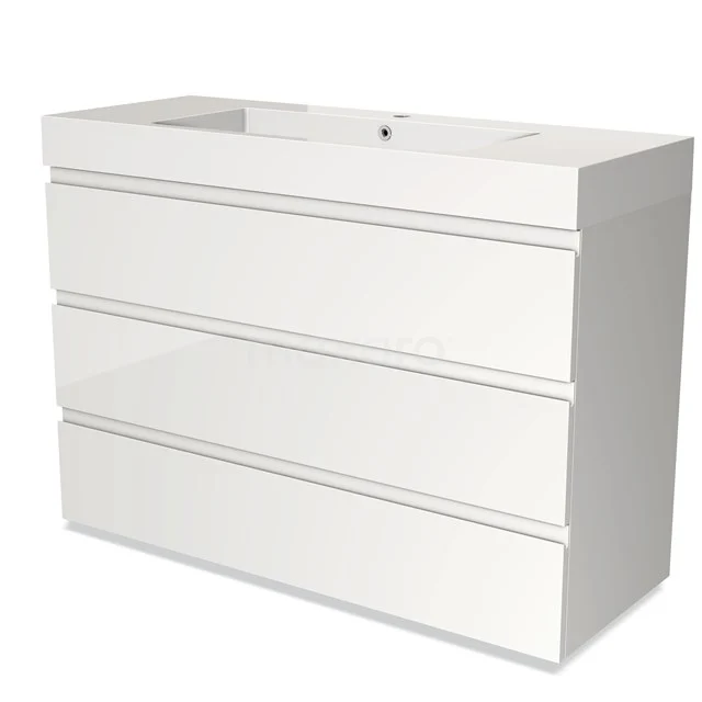 White wooden bathroom unit with three drawers and glossy finish, including integrated vanity units with basin.