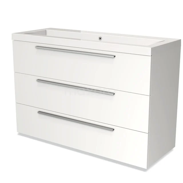White bathroom unit with three wide drawers and silver handles, made of high-gloss white material for a modern look.