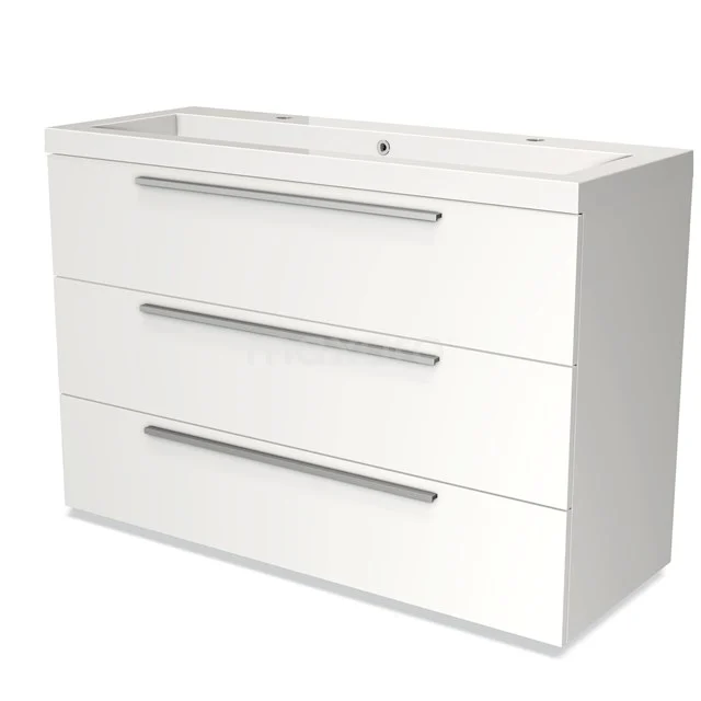 White bathroom unit with three drawers, slim silver handles and an integrated vanity units with basin, modern and sleek design.