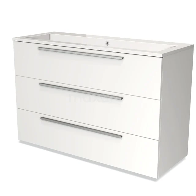 White bathroom unit with three drawers, sleek metal handles and integrated basin, modern design.
