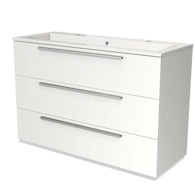 White basin base cabinet with three drawers, sleek metal handles, ideal for modern bathroom storage.