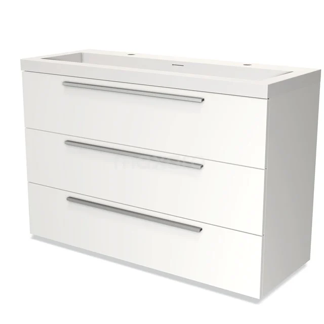 White Bathroom unit with 3 drawers and metal handles, sleek design, ideal for modern bathrooms.