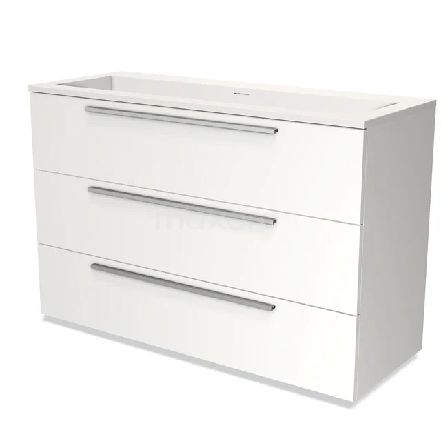 White vanity unit with three drawers, sleek design and metallic handles, ideal for modern bathroom storage.