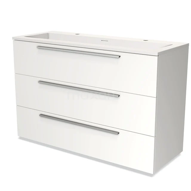 White bathroom unit with three drawers and sleek stainless steel handles, perfect for modern bathrooms.