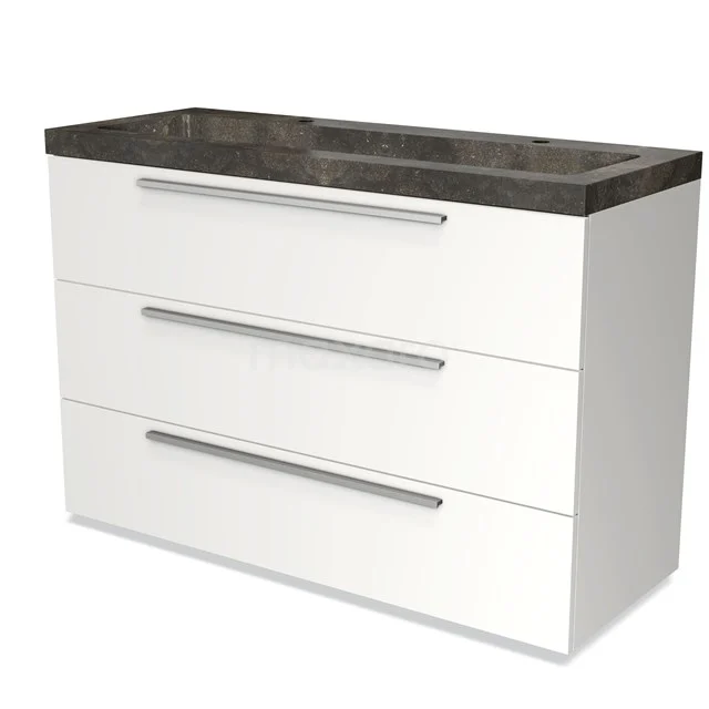 White bathroom unit with three drawers, black marble basin worktop, modern design, ideal for stylish bathroom storage.