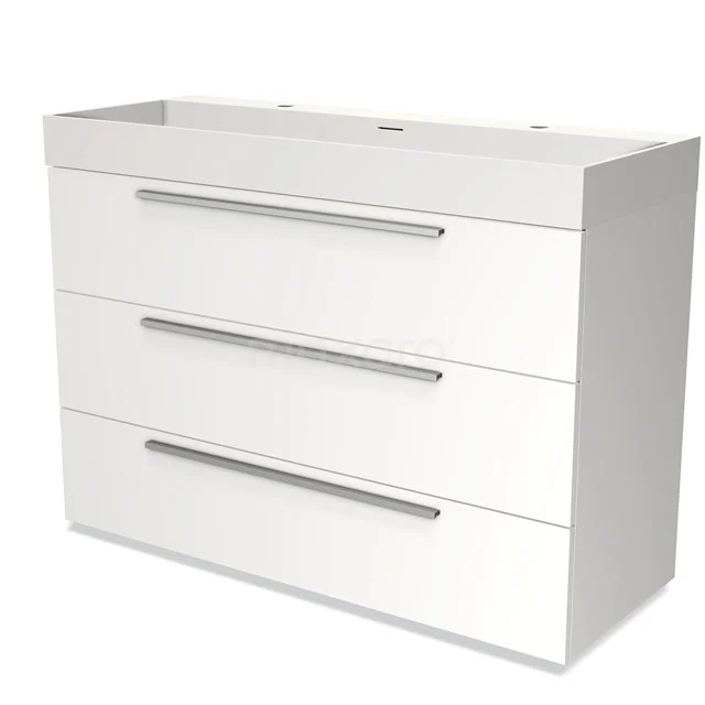 White bathroom unit with three drawers, sleek design and metal handles, ideal for modern bathroom storage.