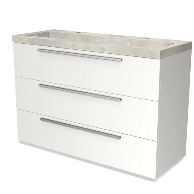 White bathroom unit with three drawers and natural stone vanity units with basin, modern finish for a stylish bathroom.