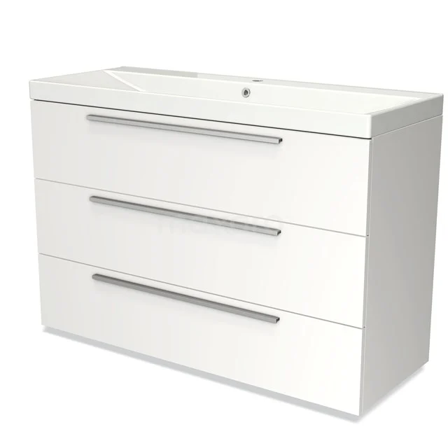 White bathroom unit with ceramic vanity units with basin, fitted with three drawers and aluminium handles. Modern design.