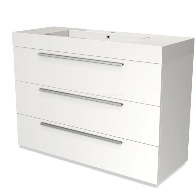 Weiße Badmöbel mit drei Schubladen, modernem Griffleisten und eingebautem Waschbecken, ideal für eine schlichte Badezimmergestaltung.