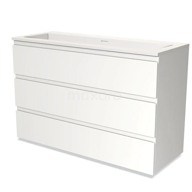 White bathroom cabinet with three handleless drawers, sleek design, ideal for modern bathrooms.