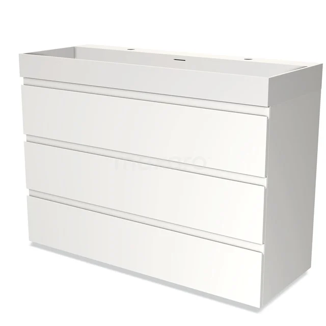 Weiße Badmöbel mit schlichten grifflosen Schubladen, Hochglanzoberfläche, geeignet für moderne Badezimmereinrichtungen.