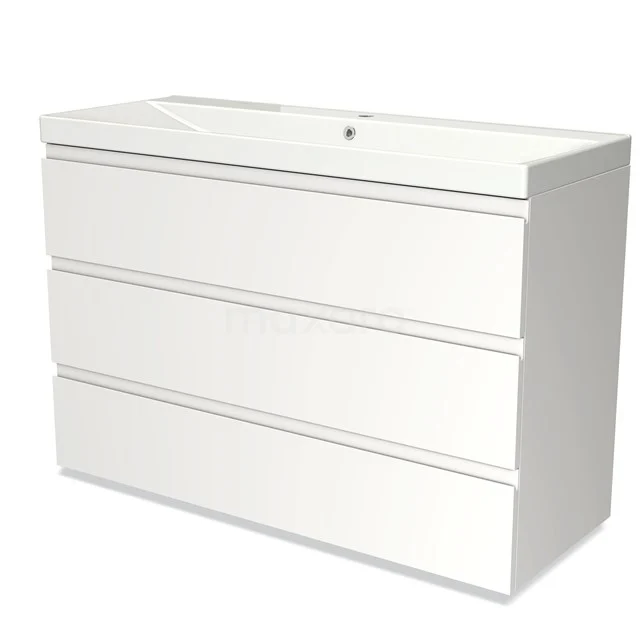 White bathroom furniture set with three drawers, sleek design and integrated basin, ideal for modern bathrooms.