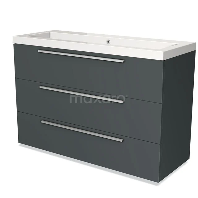 Dark grey bathroom furniture set with ceramic basin, three drawers and sleek design. Perfect for a modern bathroom.