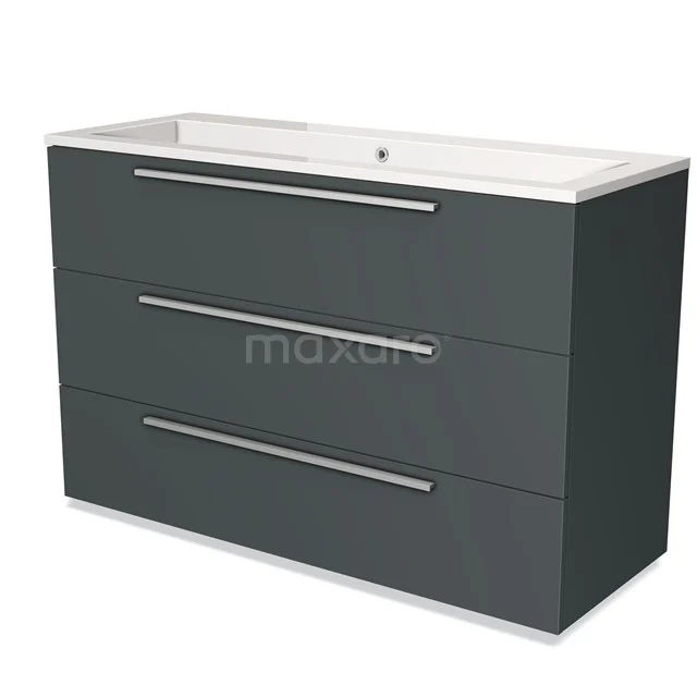 Dark grey base cabinet with three drawers, chrome handles and ceramic sink, ideal for a modern bathroom.