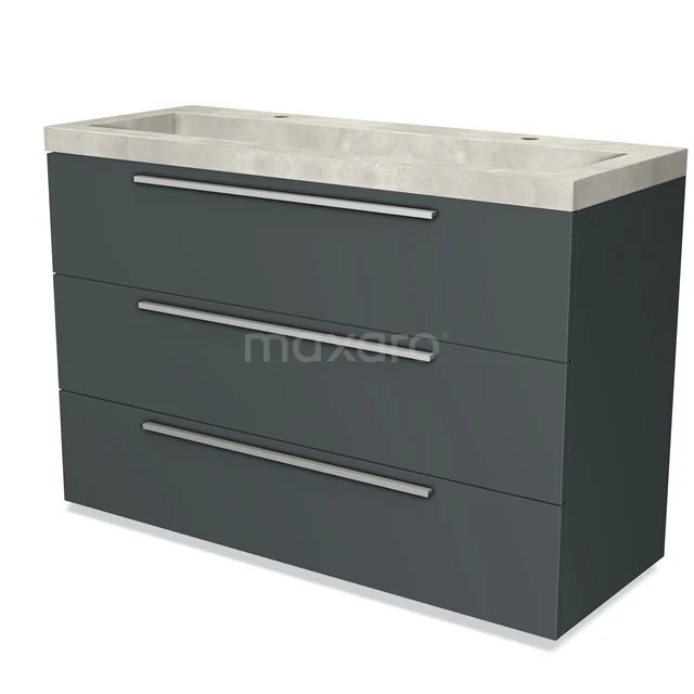 Grey bathroom cabinet with three drawers, modern design and marble-look basin worktop. Perfect for a stylish bathroom layout.