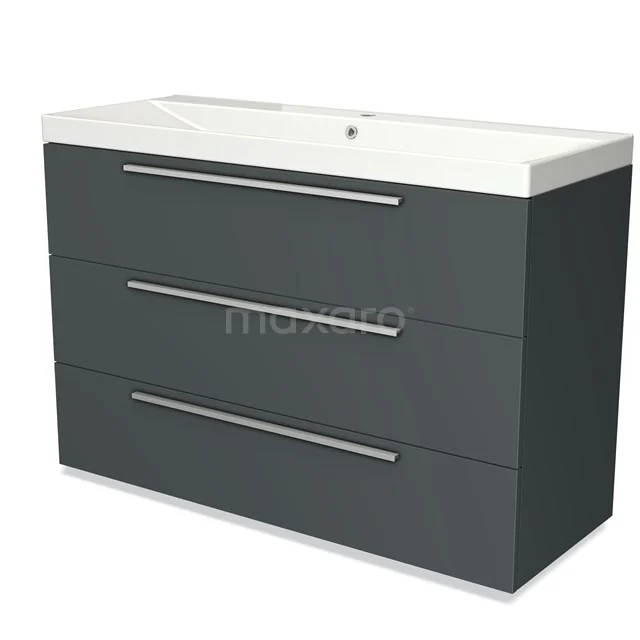 Dark grey bathroom unit with three drawers, sleek silver handles and white ceramic vanity units with basin.
